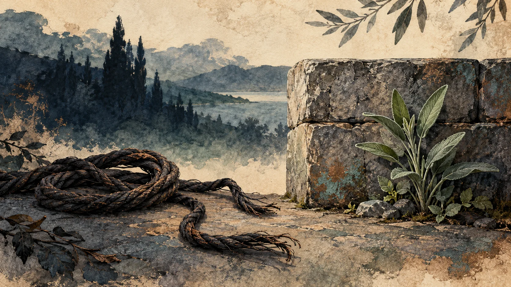 A loosened cord rests beside an intact stone boundary and a growing sage plant