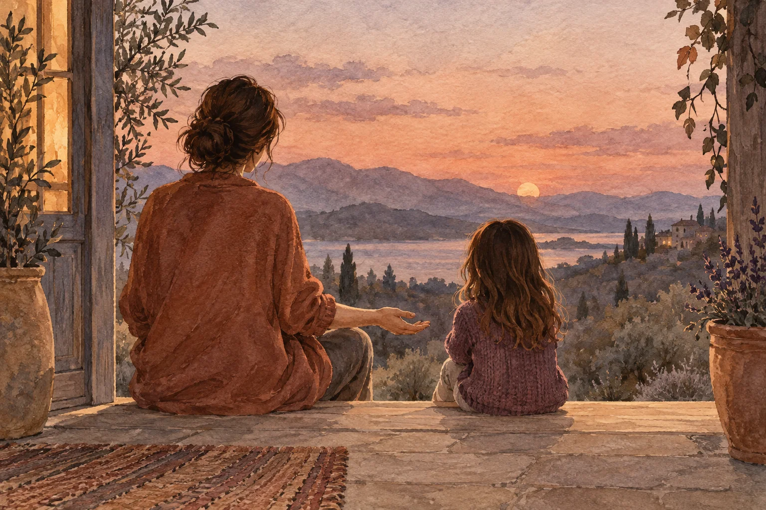 An adult offers an open hand to a child as they sit together in a quiet, warm-lit place